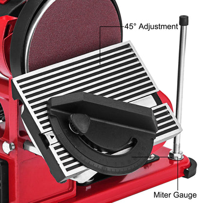 Close-up of a belt sander with a miter gauge and 45-degree adjustment feature.