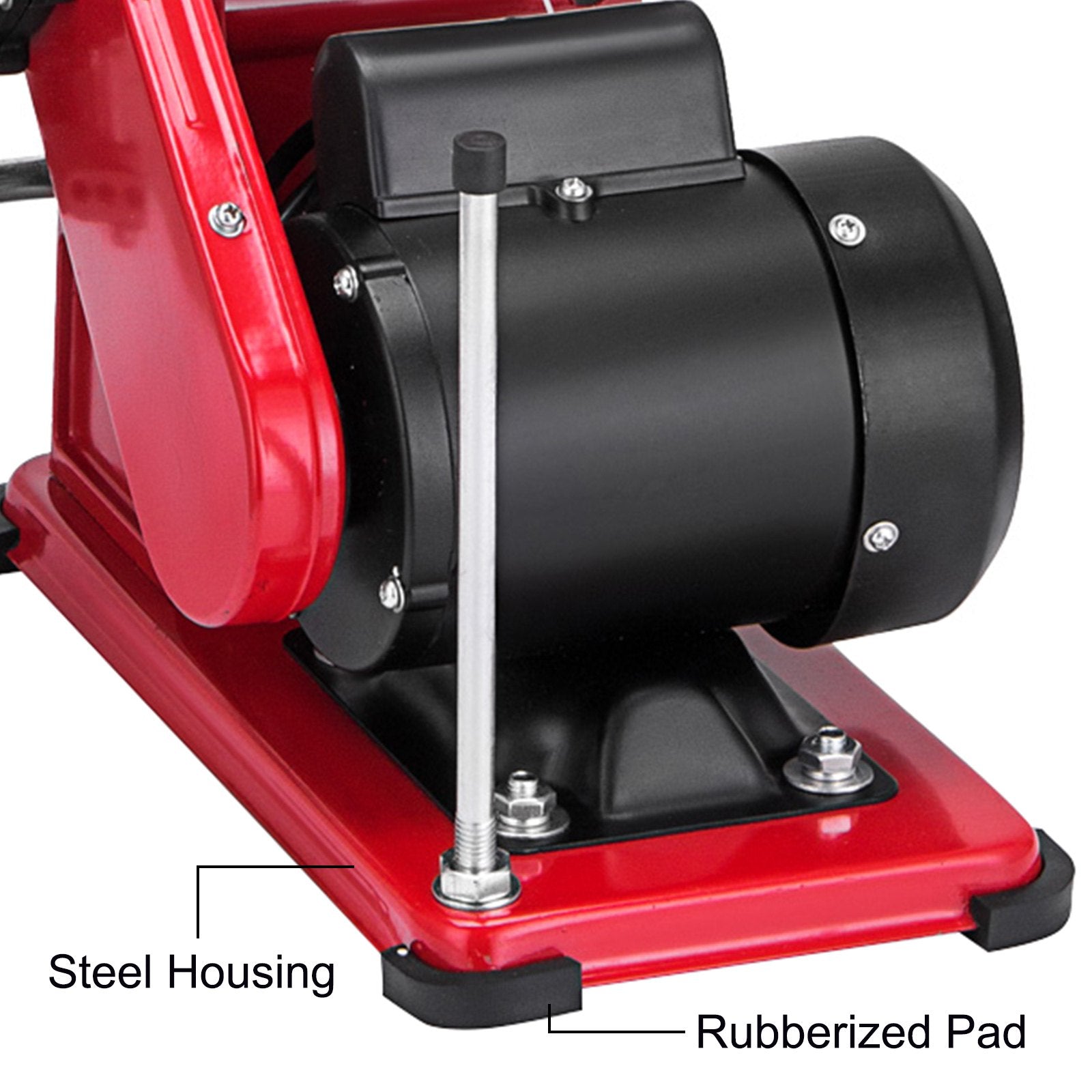 Red and black machine with labeled steel housing and rubberized pad on a white background