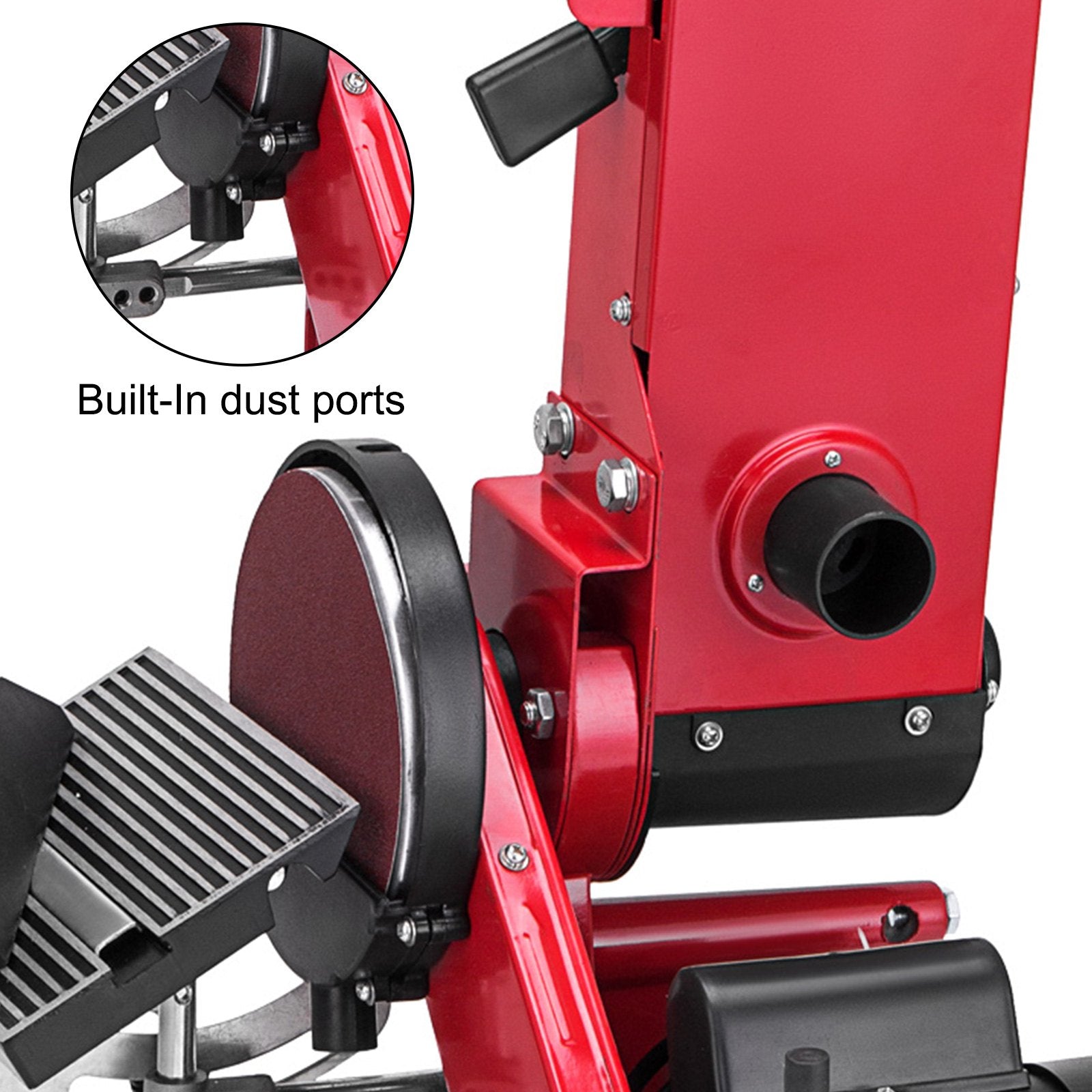 Red machine with built-in dust ports and close-up inset on a white background
