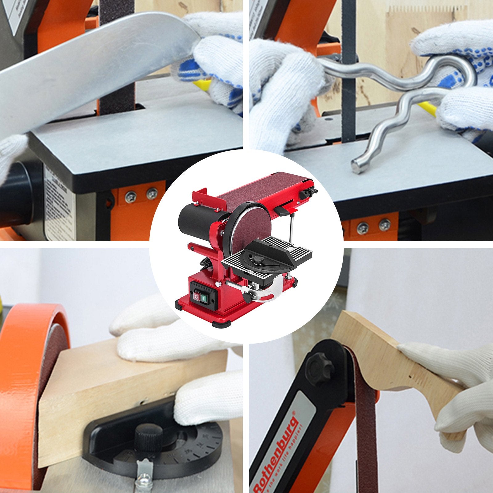 Collage of a belt sander in use with close-ups on the tool and sanding process.
