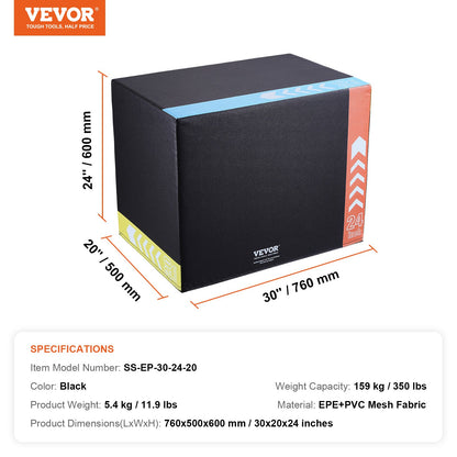 3 in 1 Plyometric Jump Box, 30/24/20 Inch Foam Plyo Box, Platform & Jumping Agility Box, Anti-Slip Fitness Exercise Step Up Box for Home Gym Training, Conditioning Strength Training, Black