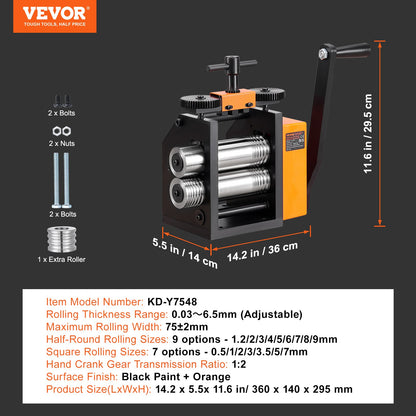 Rolling Mill, 2.95"/75 mm Jewelry Rolling Mill Machine, 1: 2 Gear Ratio, 3-in-1 Multi-function Rolling Mill, 0.03-6.5mm Press Thickness for Metal Jewelry Making Sheet Square Wire Semicircle