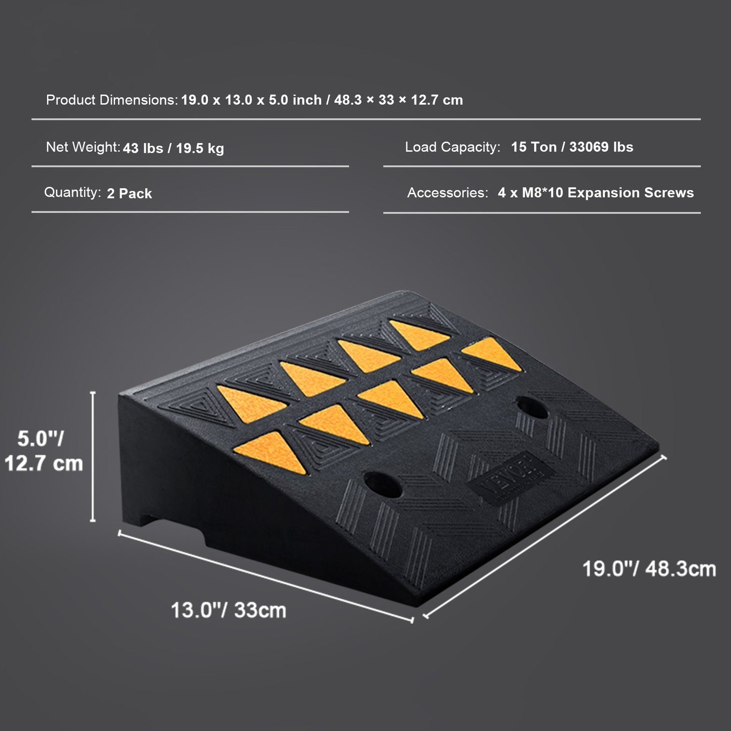 Rubber Curb Ramp 2 Pack, 12.7 cm Rise Height Heavy-Duty 15 tons Load Capacity Threshold Ramps, Driveway Ramps with Stable Grid Structure for Cars, Wheelchairs, Bikes, Motorcycles