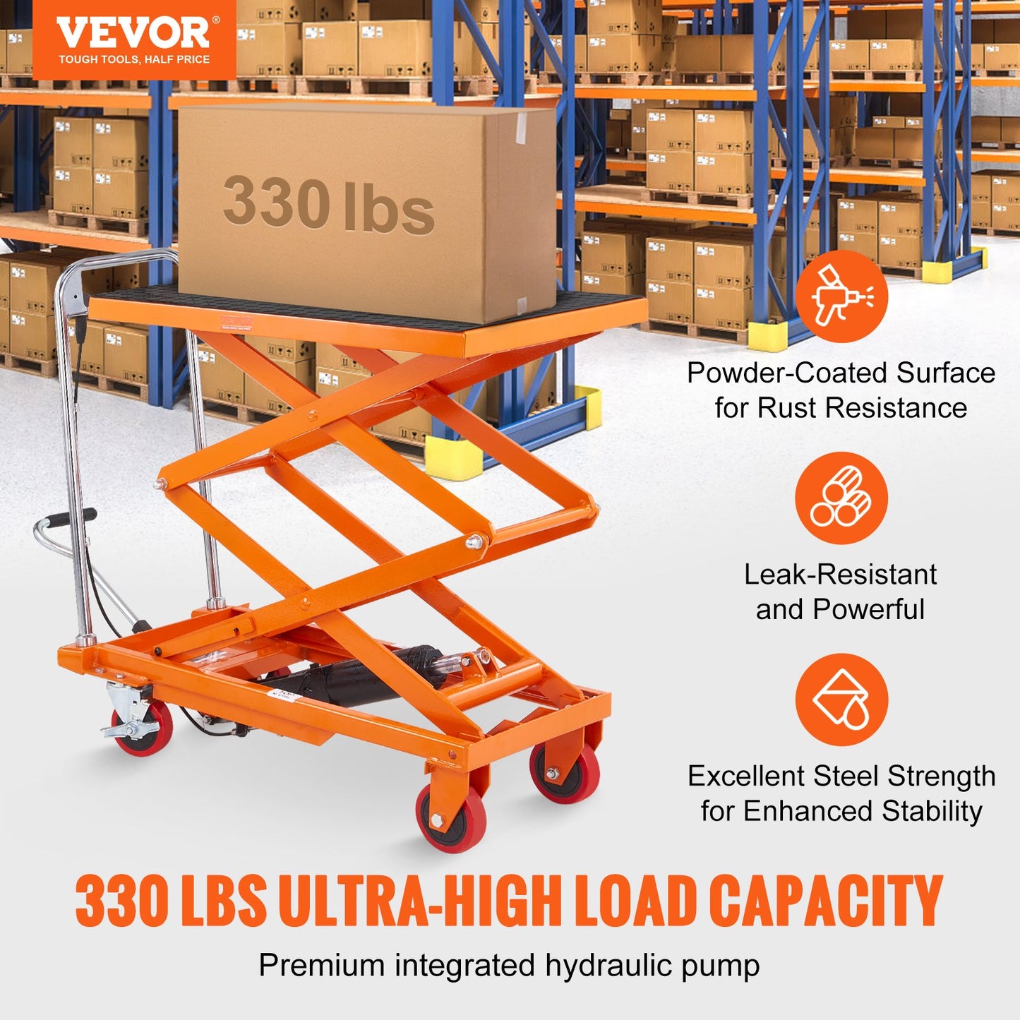 Hydraulic Lift Table Cart, 330lbs Capacity 50" Lifting Height, Manual Double Scissor Lift Table with 4 Wheels and Non-slip Pad, Hydraulic Scissor Cart for Material Handling and Transportation