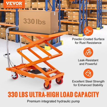 Hydraulic Lift Table Cart, 330lbs Capacity 50" Lifting Height, Manual Double Scissor Lift Table with 4 Wheels and Non-slip Pad, Hydraulic Scissor Cart for Material Handling and Transportation