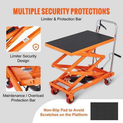 Hydraulic Lift Table Cart, 330lbs Capacity 50" Lifting Height, Manual Double Scissor Lift Table with 4 Wheels and Non-slip Pad, Hydraulic Scissor Cart for Material Handling and Transportation