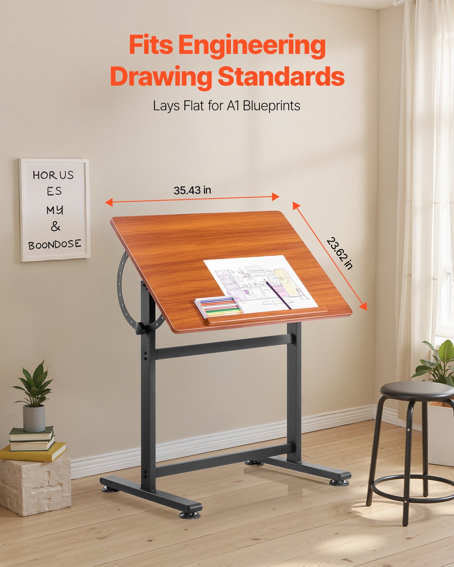 Drafting Table Adjustable 0°–90° Tilt Wooden Drawing Desk with H-Frame
