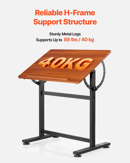 Drafting Table Adjustable 0°–90° Tilt Wooden Drawing Desk with H-Frame