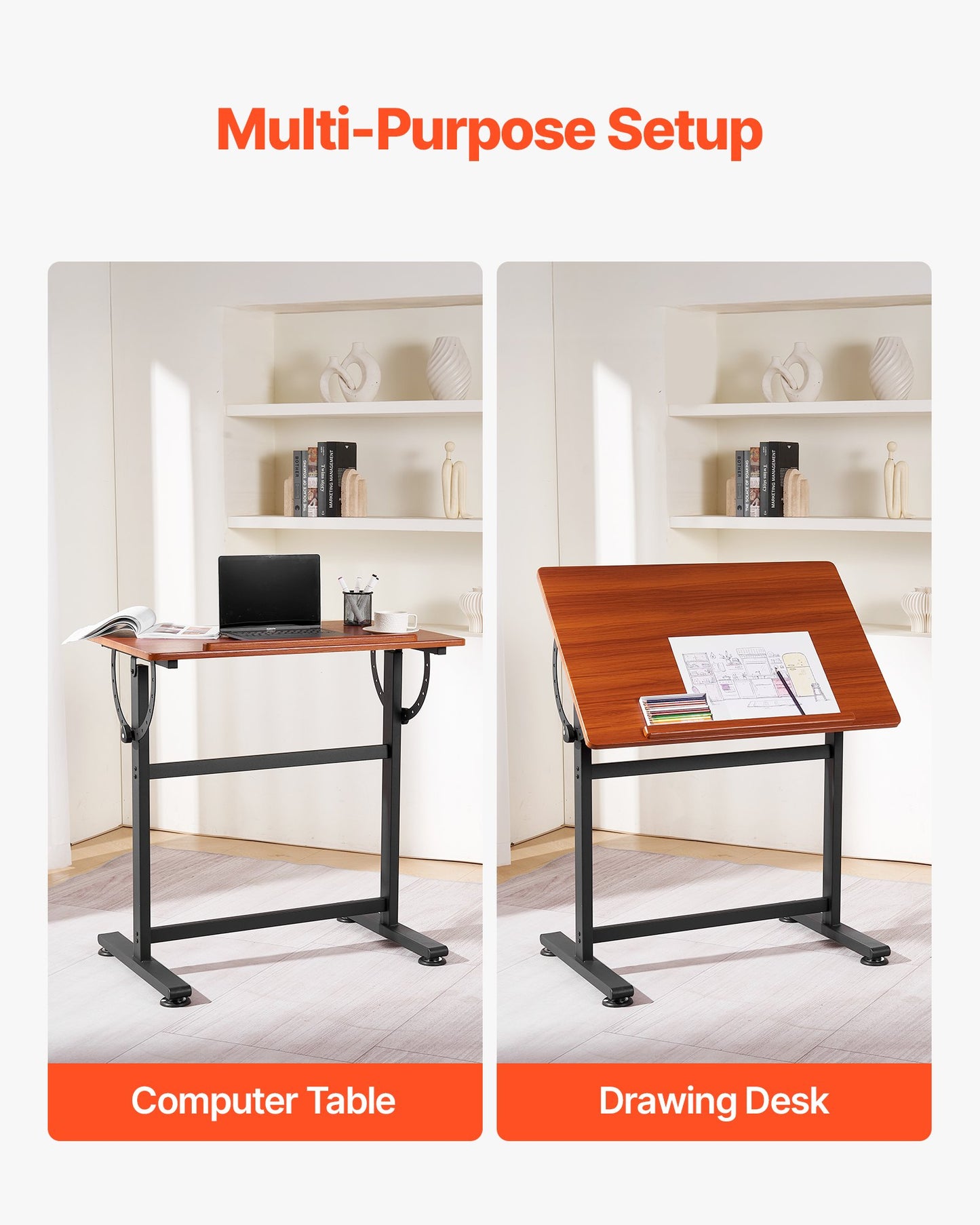 Drafting Table Adjustable 0°–90° Tilt Wooden Drawing Desk with H-Frame