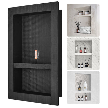 Shower Niche Ready for Tile 40.64 x 60.96 cm, 16 x 24 inch Double Shelf Organizer, Square Corners Wall-inserted Niche Recessed, Sealed Protection Modern Soap Storage Niche for Shower Bathroom, Black