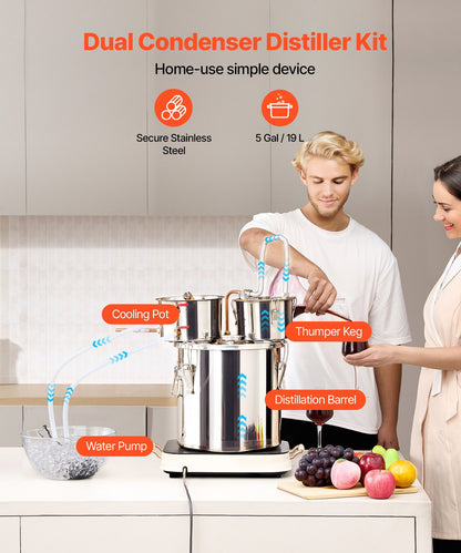 VEVOR Moonshine Still Water Alcohol Distiller 5Gal w/Thumper Keg & 8W Water Pump