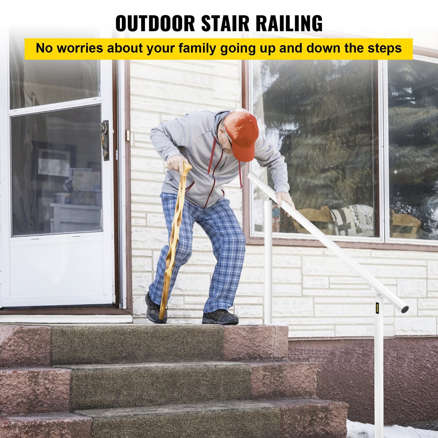 Outdoor Stair Railing Kit, 5 FT Handrails 0-5 Steps, Adjustable Angle White Aluminum Stair Hand Rail for The Elderly, Handrails for Outdoor Steps