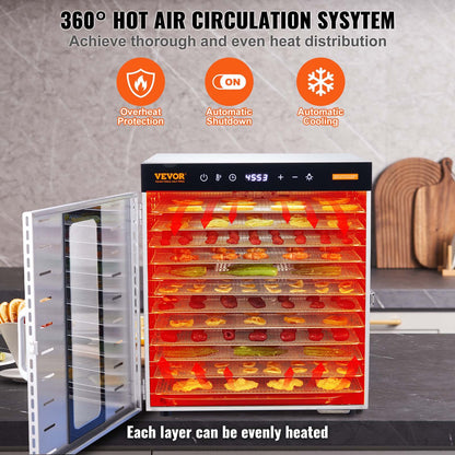 10 Trays Food Dehydrator Machine Stainless Steel 1000W Jerky Fruit Drying