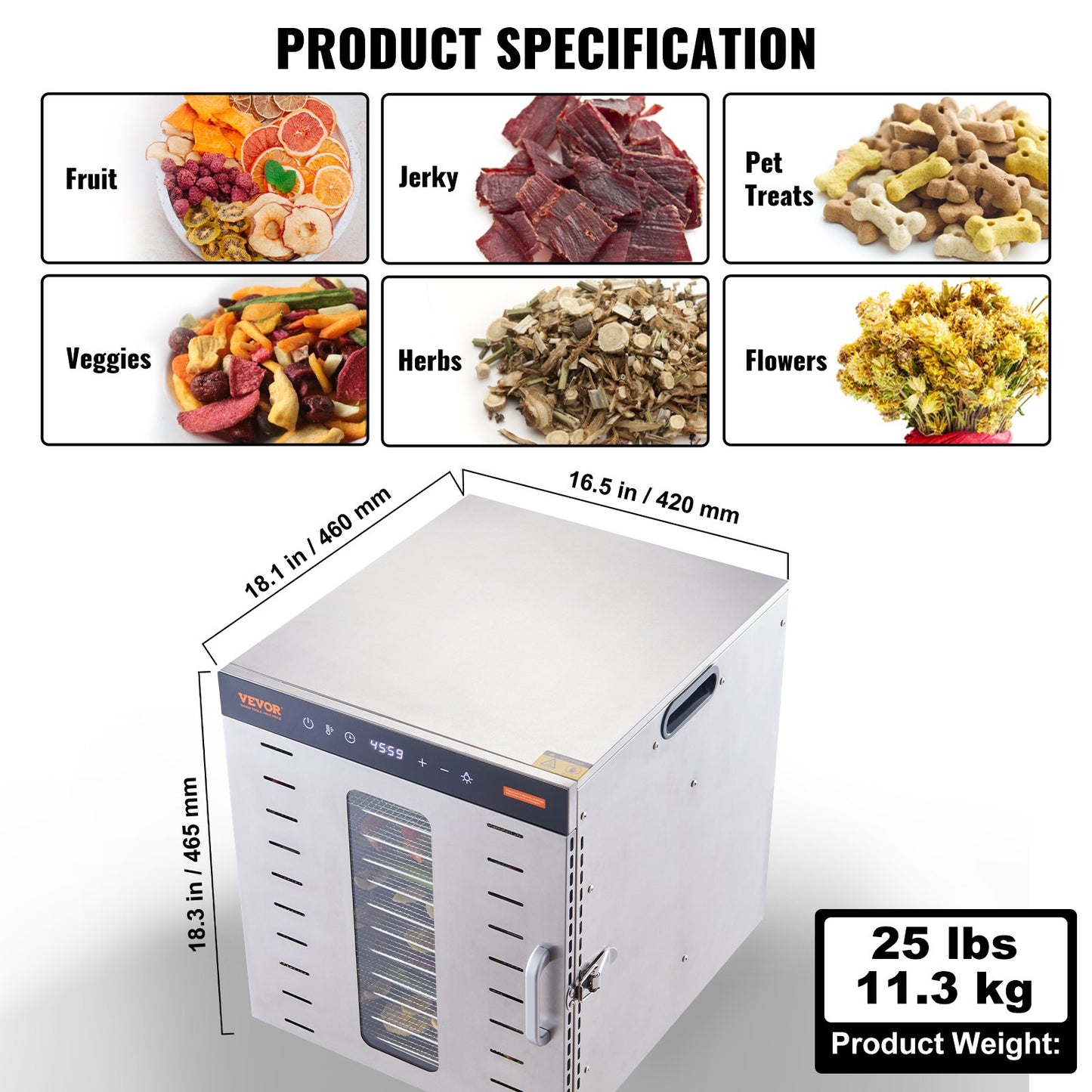 10 Trays Food Dehydrator Machine Stainless Steel 1000W Jerky Fruit Drying