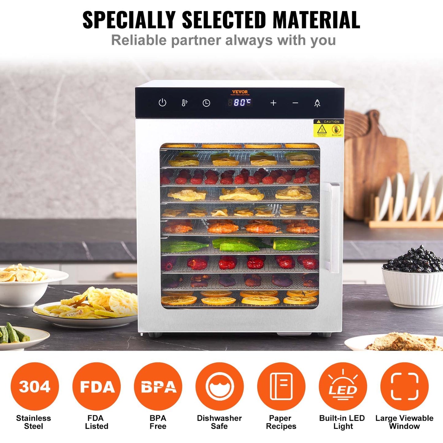 10 Trays Food Dehydrator Machine Stainless Steel 800W Jerky Fruit Drying
