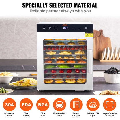 10 Trays Food Dehydrator Machine Stainless Steel 800W Jerky Fruit Drying