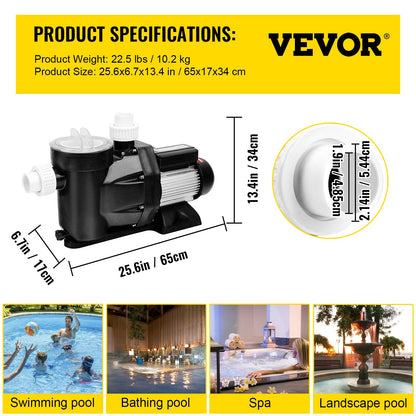 Swimming Pool Filter Pump 2.5HP, 1850W Swimming Pool Pump 148GPM, Single Speed Filter for Spa Water Circulation Above Ground Apply Swimming Pool, Bathtub