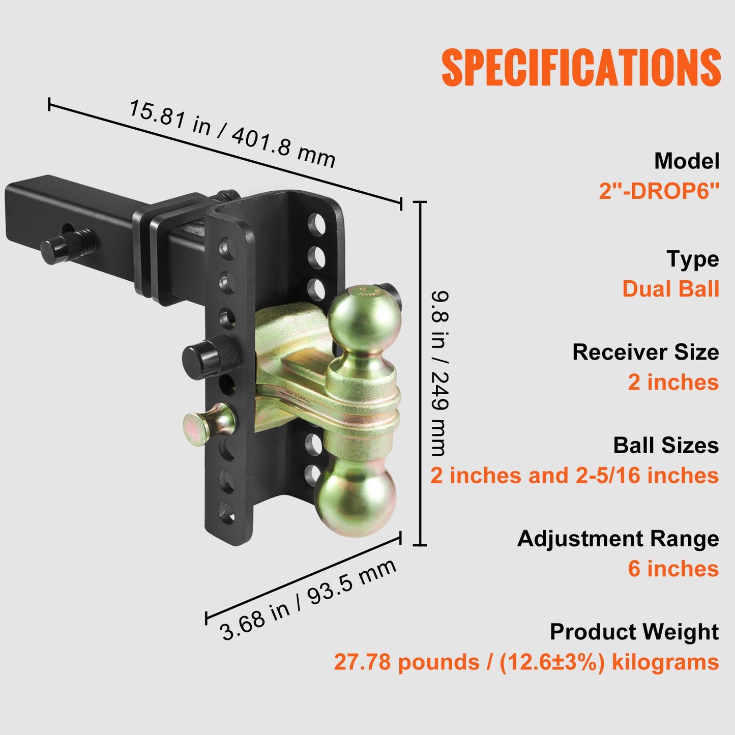 VEVOR Adjustable Trailer Hitch, 152.4 mm Drop & 114.3 mm Rise Hitch Ball Mount with 50.8 mm Receiver, Solid Tube, 6350 kg GTW, 50.8 mm and 58.7 mm 45# Steel Tow Balls with Key Lock for Truck Towing