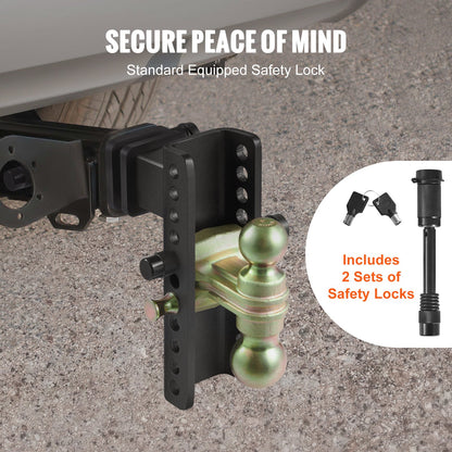VEVOR Adjustable Trailer Hitch, 203.2 mm Drop & 165.1 mm Rise Hitch Ball Mount with 63.5 mm Receiver, Solid Tube, 6577 kg GTW, 50.8 mm & 58.7 mm 45# Steel Tow Balls with Key Lock for Truck Towing