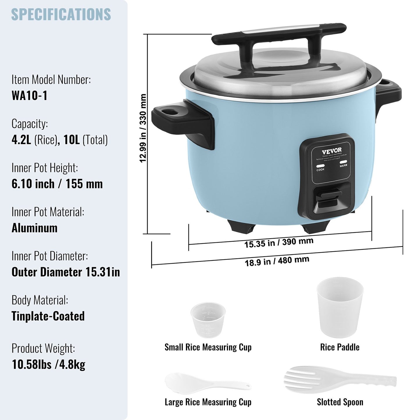 Commercial Rice Cooker, 50-Cup Rice Cooker, 10 Liter Large Rice Cooker and Warmer with Nonstick Inner Pot, Fast Cooking and 24-Hour Keep Warm, with Rice Cup and Paddle, for Restaurant