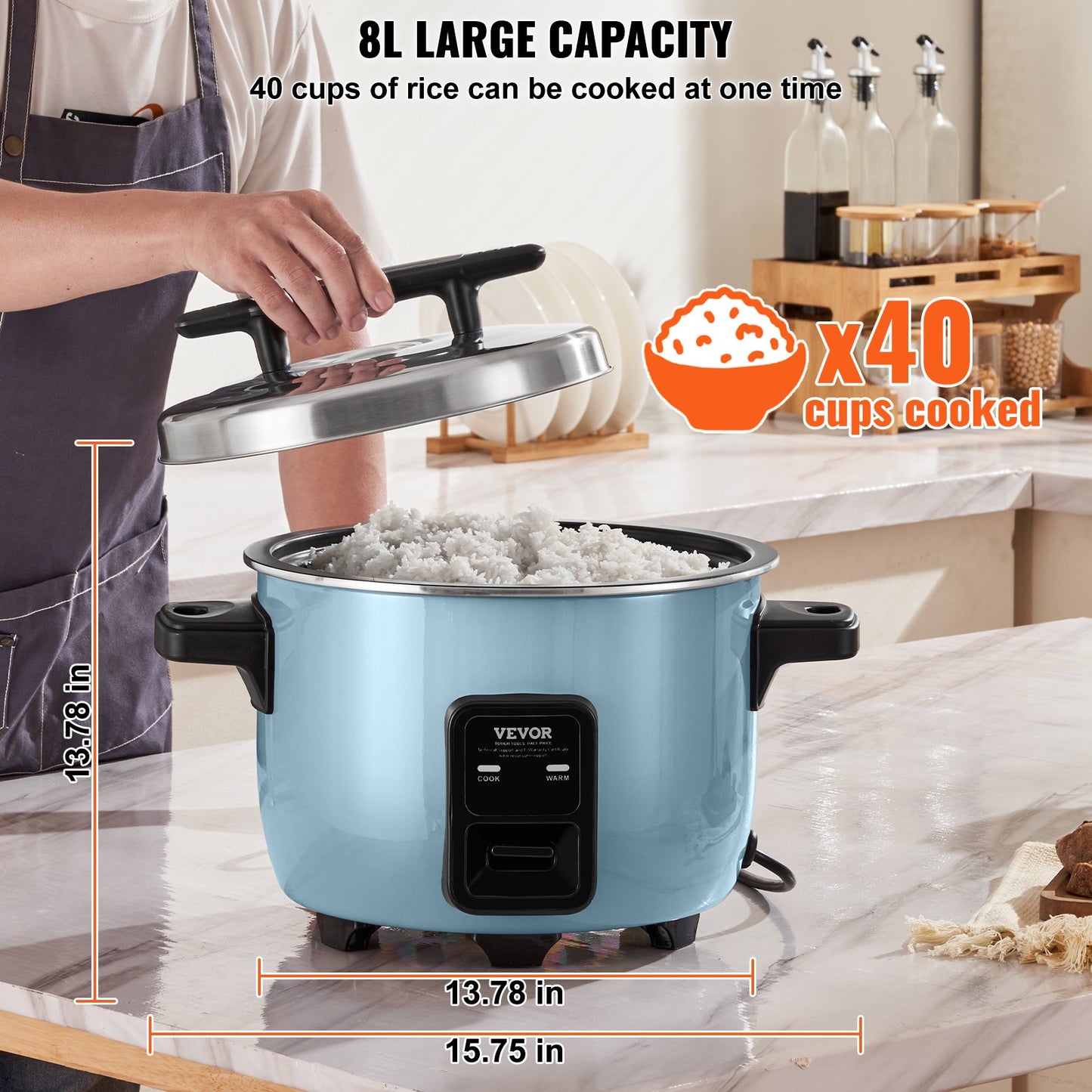 Commercial Rice Cooker, 40-Cup Rice Cooker, 8 Liter Large Rice Cooker and Warmer with Nonstick Inner Pot, Fast Cooking and 24-Hour Keep Warm, with Rice Cup and Paddle, for Restaurant