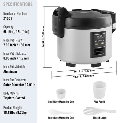 Commercial Rice Cooker, 70-Cup Rice Cooker, 15 Liter Large Rice Cooker and Warmer with Nonstick Inner Pot, Fast Cooking and 12-Hour Keep Warm, with Rice Cup and Paddle, for Restaurant