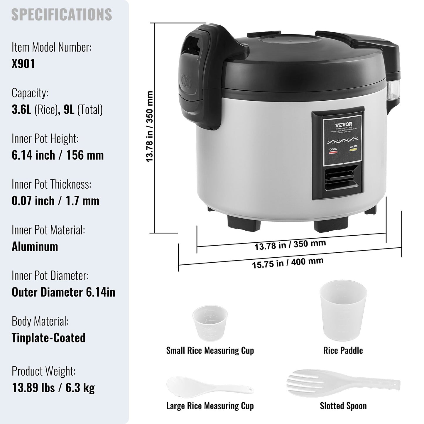 Commercial Rice Cooker, 45-Cup Rice Cooker, 9 Liter Large Rice Cooker and Warmer with Nonstick Inner Pot, Fast Cooking and 12-Hour Keep Warm, with Rice Cup and Paddle, for Restaurant