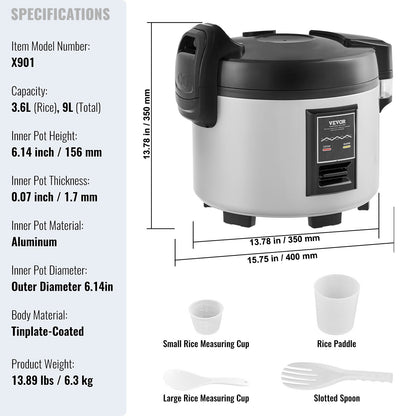 Commercial Rice Cooker, 45-Cup Rice Cooker, 9 Liter Large Rice Cooker and Warmer with Nonstick Inner Pot, Fast Cooking and 12-Hour Keep Warm, with Rice Cup and Paddle, for Restaurant