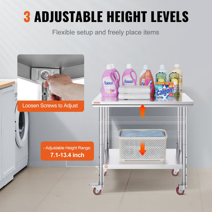 Stainless Steel Work Table 36x24 Inch with 4 Wheels Commercial Food Prep Worktable with Casters Heavy Duty Work Table for Commercial Kitchen Restaurant