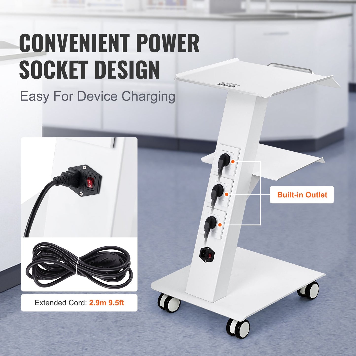 Trolley Cart Dental Lab Mobile Rolling Serving Cart 3 Layers with Socket