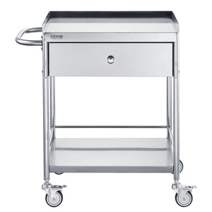 Medical Cart, 2 Layer stainless Steel Cart100 kg Weight Capacity Utility Cart Silent Wheels and a Drawer for Lab, Clinic, kitchen, Salon