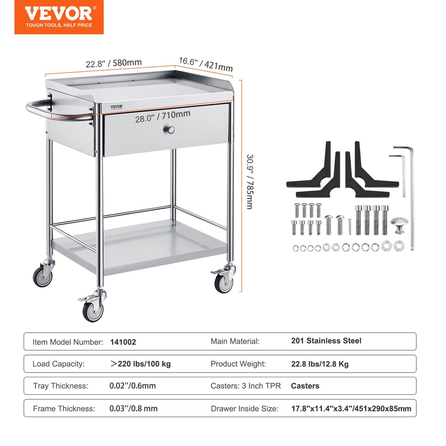 Medical Cart, 2 Layer stainless Steel Cart100 kg Weight Capacity Utility Cart Silent Wheels and a Drawer for Lab, Clinic, kitchen, Salon