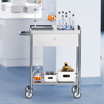 Medical Cart, 2 Layer stainless Steel Cart100 kg Weight Capacity Utility Cart Silent Wheels and a Drawer for Lab, Clinic, kitchen, Salon