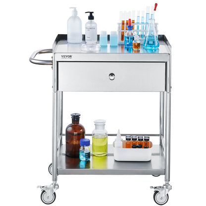 Medical Cart, 2 Layer stainless Steel Cart100 kg Weight Capacity Utility Cart Silent Wheels and a Drawer for Lab, Clinic, kitchen, Salon