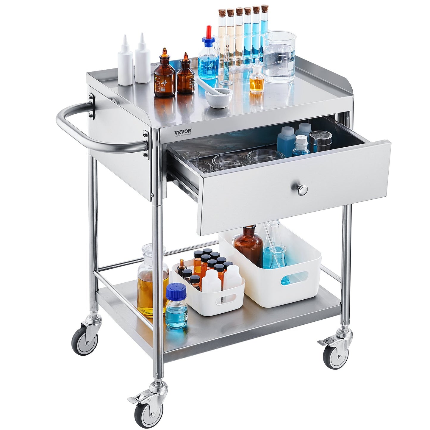 Medical Cart, 2 Layer stainless Steel Cart100 kg Weight Capacity Utility Cart Silent Wheels and a Drawer for Lab, Clinic, kitchen, Salon
