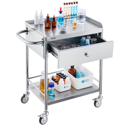 Medical Cart, 2 Layer stainless Steel Cart100 kg Weight Capacity Utility Cart Silent Wheels and a Drawer for Lab, Clinic, kitchen, Salon
