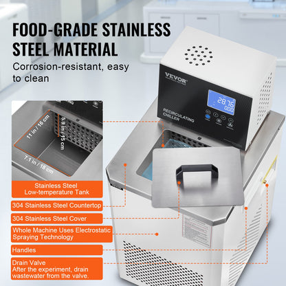 Laboratory Chiller Circulator, 6L Chiller Lab Low Temperature Cooling Liquid, 23°F-212°F Circulator Pump Chiller, LCD Display, 304 Stainless Steel Water Bath Recirculating Water Cooling Chiller