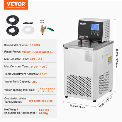Laboratory Chiller Circulator, 6L Chiller Lab Low Temperature Cooling Liquid, 23°F-212°F Circulator Pump Chiller, LCD Display, 304 Stainless Steel Water Bath Recirculating Water Cooling Chiller