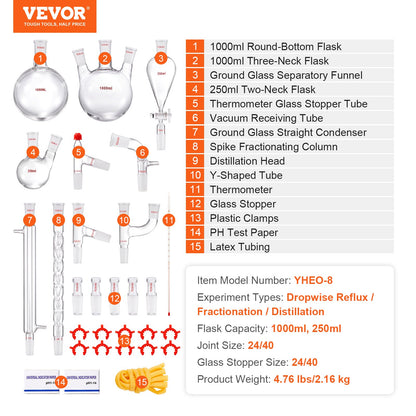 Lab Glassware Distillation Kit 1000ml 3.3 Boro 29 pcs Glassware Equipment