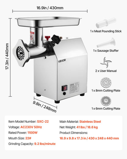 Commercial Electric Meat Grinder 9.2 Lbs/Min Sausage Stuffer Maker Kitchen