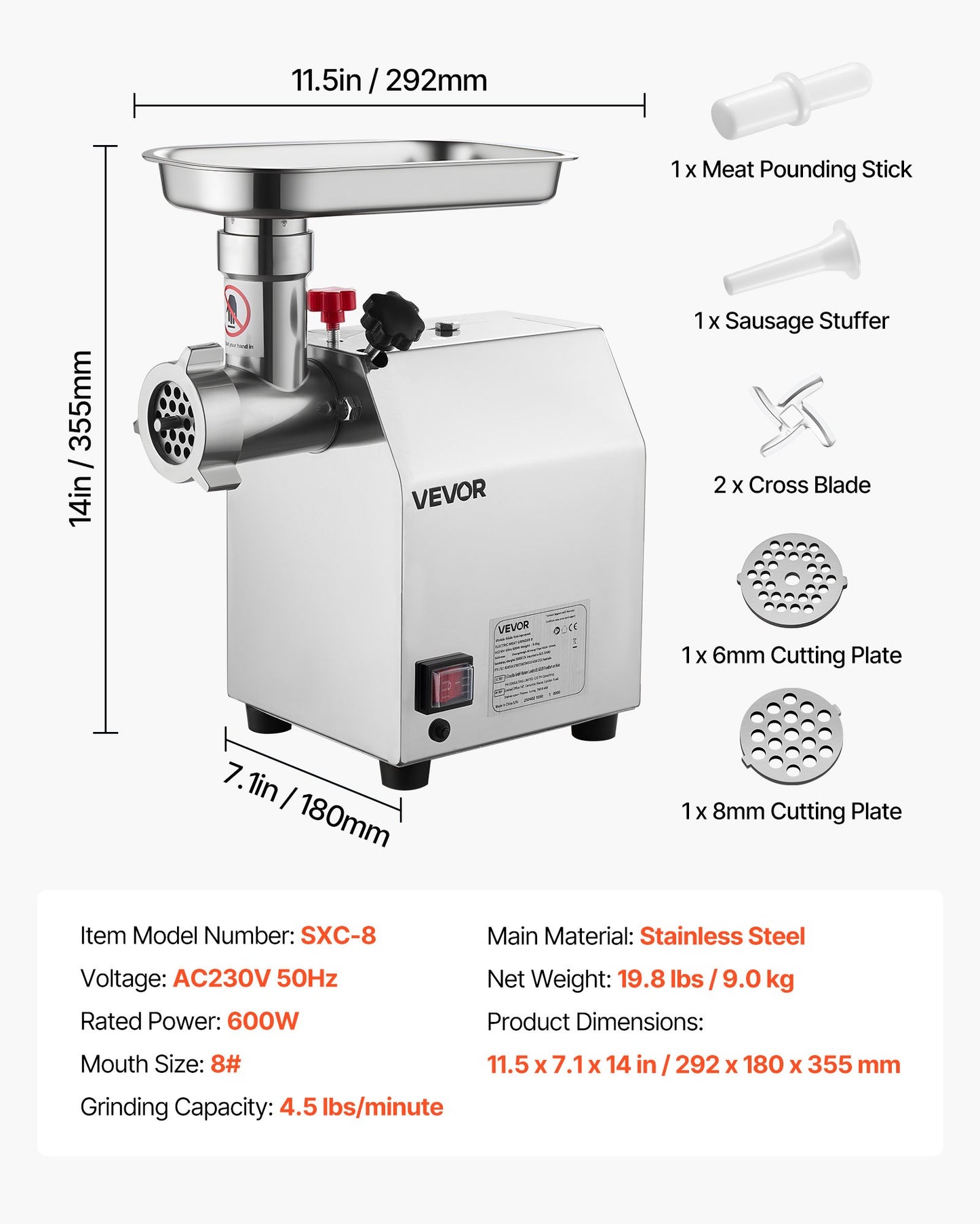 Commercial Electric Meat Grinder 4.5 Lbs/Min Sausage Stuffer Maker Kitchen