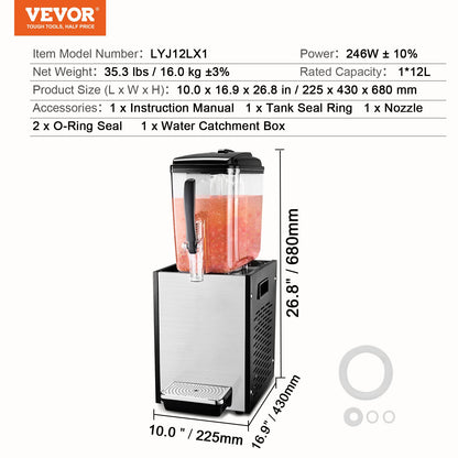 Commercial Beverage Dispenser 12L Cold Juice Ice Drink Dispenser for Party