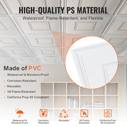 Ceiling Tiles 12-Pack 24 x 24 in PVC Easy Installation White Geometric
