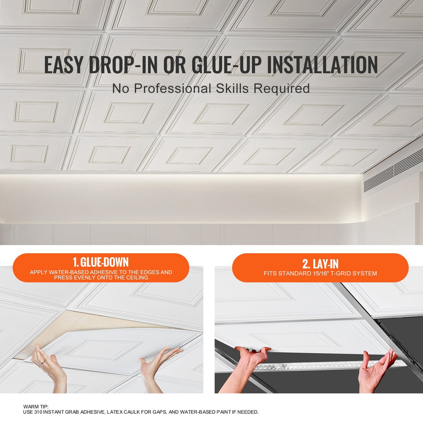 Ceiling Tiles 12-Pack 24 x 24 in PVC Easy Installation White Geometric