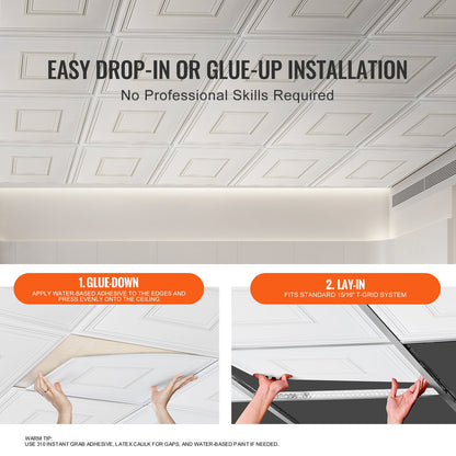 Ceiling Tiles 12-Pack 24 x 24 in PVC Easy Installation White Geometric