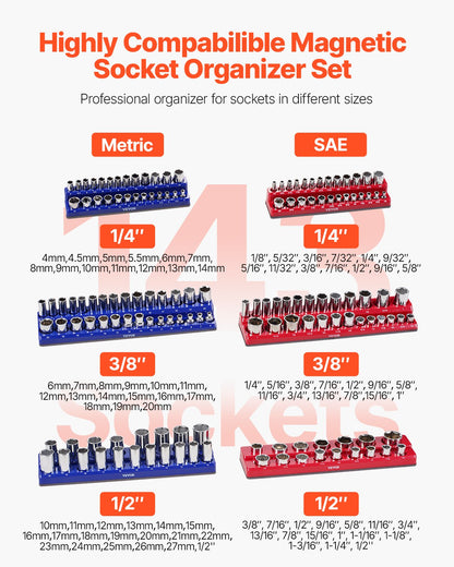 Magnetic Socket Organizer Set, 6PCS Socket Holder, 1/4'', 3/8'' & 1/2'' Metric SAE Socket Trays with Clear Labels, Hold up to 143PCS Standard & Deep Sockets, Blue & Red (Sockets Not Included)