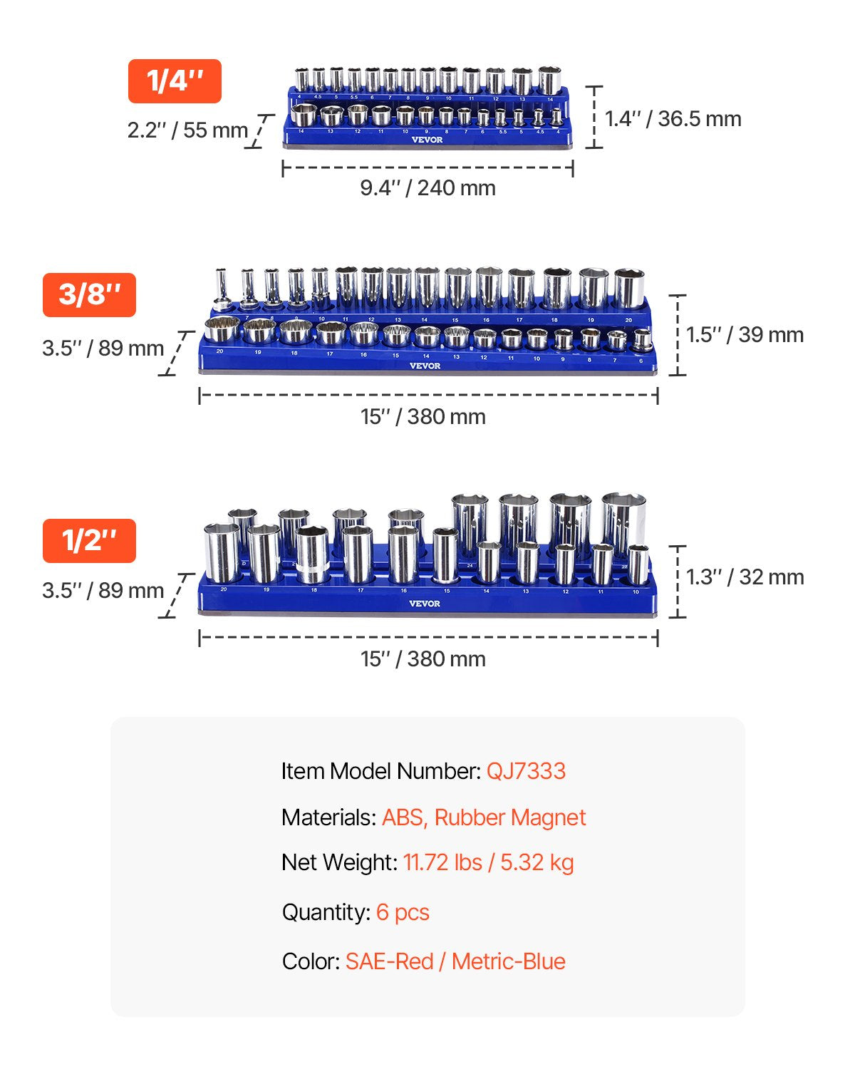 Magnetic Socket Organizer Set, 6PCS Socket Holder, 1/4'', 3/8'' & 1/2'' Metric SAE Socket Trays with Clear Labels, Hold up to 143PCS Standard & Deep Sockets, Blue & Red (Sockets Not Included)