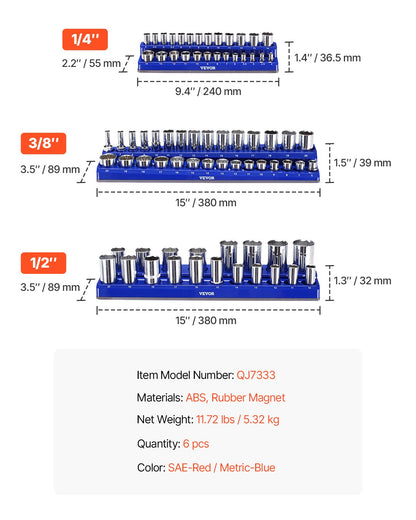 Magnetic Socket Organizer Set, 6PCS Socket Holder, 1/4'', 3/8'' & 1/2'' Metric SAE Socket Trays with Clear Labels, Hold up to 143PCS Standard & Deep Sockets, Blue & Red (Sockets Not Included)
