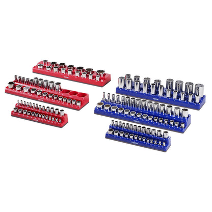 Magnetic Socket Organizer Set, 6PCS Socket Holder, 1/4'', 3/8'' & 1/2'' Metric SAE Socket Trays with Clear Labels, Hold up to 143PCS Standard & Deep Sockets, Blue & Red (Sockets Not Included)
