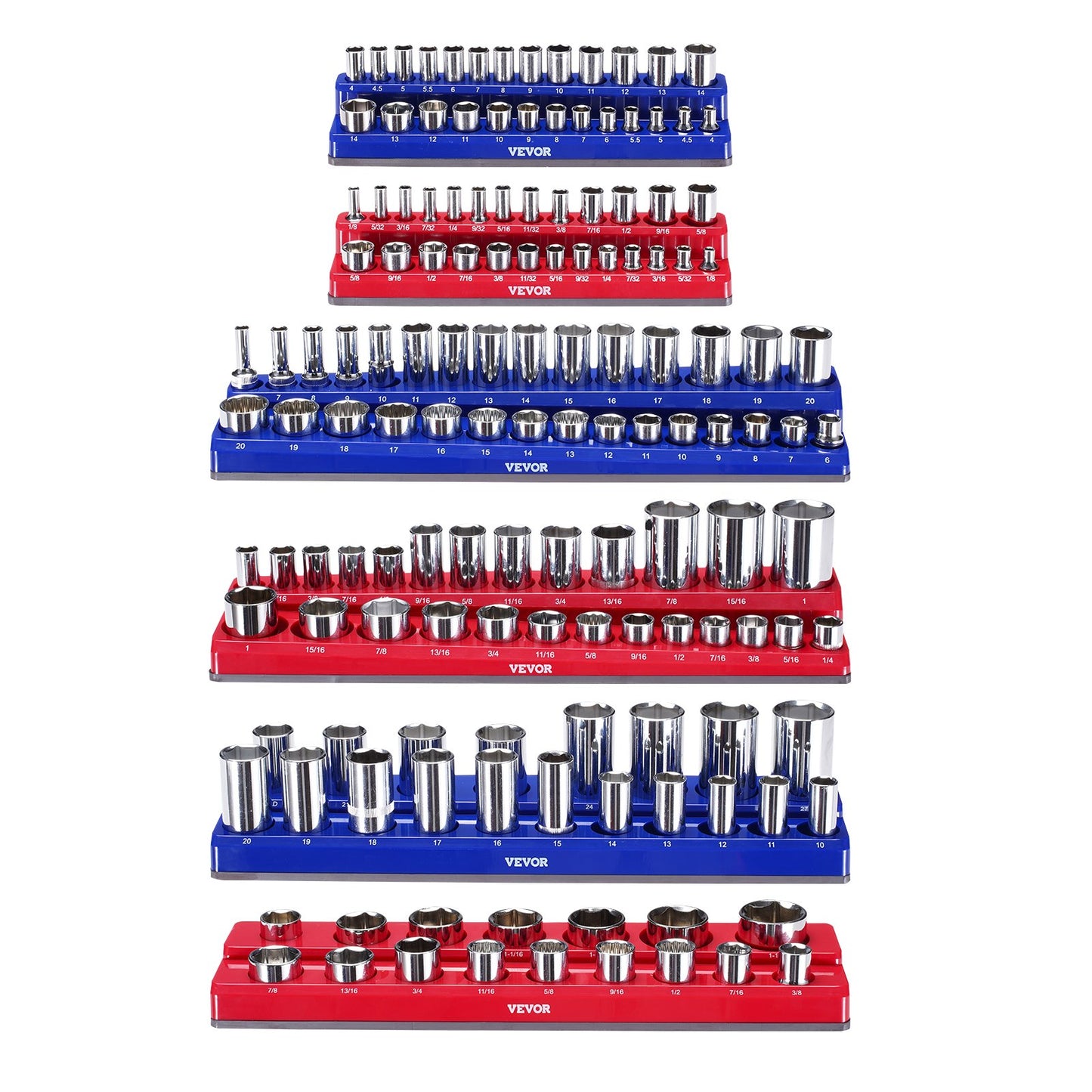 Magnetic Socket Organizer Set, 6PCS Socket Holder, 1/4'', 3/8'' & 1/2'' Metric SAE Socket Trays with Clear Labels, Hold up to 143PCS Standard & Deep Sockets, Blue & Red (Sockets Not Included)